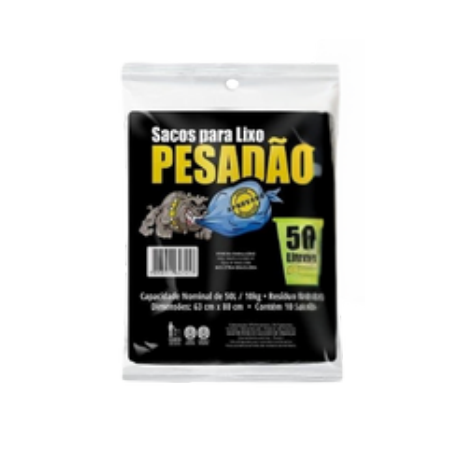 SACO PRETO PARA LIXO - ALMOFADA COM 10 UNIDADES - 50 LT - PESADAO