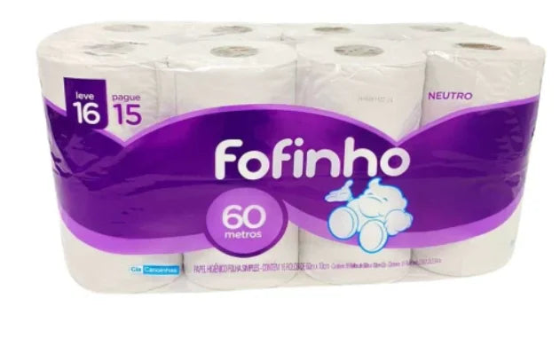 PAPEL HIGIENICO NEUTRO - FOLHA SIMPLES - PKL 24 ROLOS C/60 M CADA - FOFINHO
