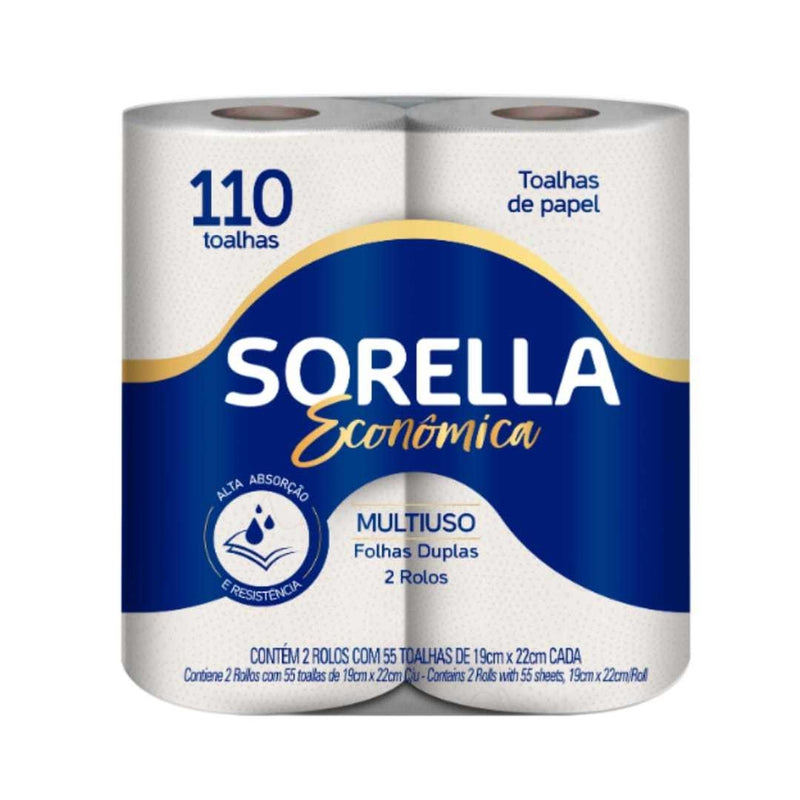 TOALHA DE PAPEL - SORELLA ECONOMICA - 2 ROLOS C/55 TOALHAS CADA